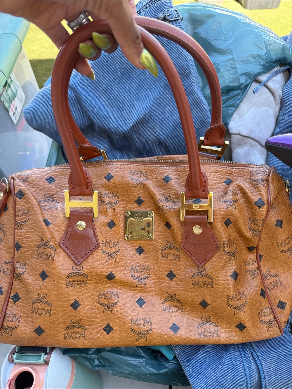 MCM Cognac Visetos Logo Satchel with Gold Hardware